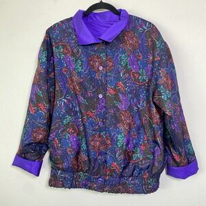 Vintage Reversable Purple Windbreaker Jacket Women Medium 80s 90s Grandma Floral
